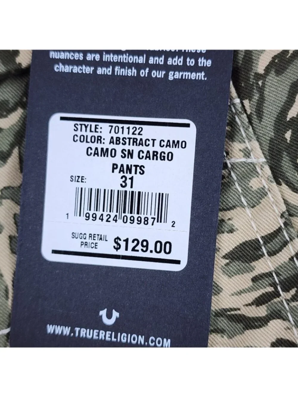 True Religion Jeans Mens 31x32 Multi Abstract Camo Cargo Denim NWT